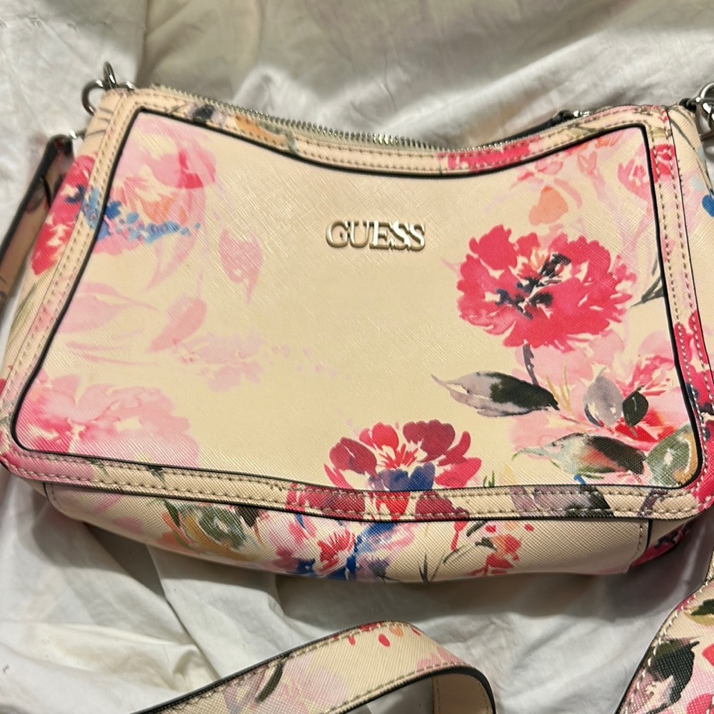 Guess Cream and Pink Floral Crossbody Bag